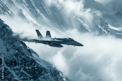 Military fighter jet breaking sound barrier over snow-covered mountains  photo
