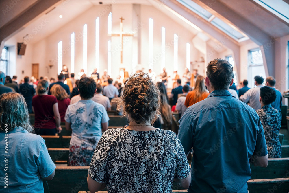 Fototapeta premium Back view of a diverse congregation standing together in worship inside a modern church, a scene of community and spirituality.