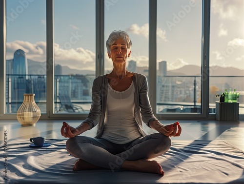 Older woman practices yoga at home. Elderly people activity, retired life concept. Healthy lifestyle, sport, meditating. Taking care of your health. Woman in lotus position