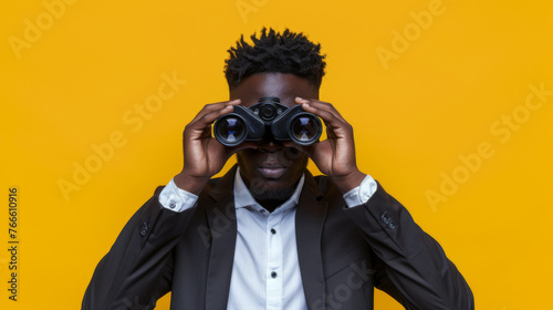 A man in a suit holding binoculars to his eyes. © MP Studio