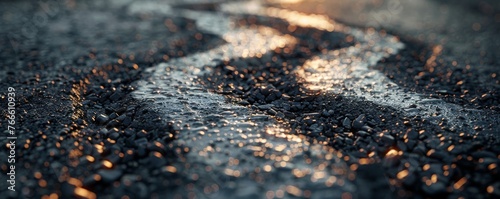 Close-up of asphalt paving machine tracks with detailed texture