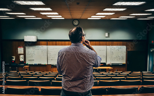 A contemplative university professor stands in an empty lecture hall, pondering over the day's lessons and students' futures.