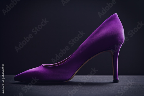 Pair of dress women shoes isolated over dark background, silky shiny purple high heeled stilettos isolated on black photo