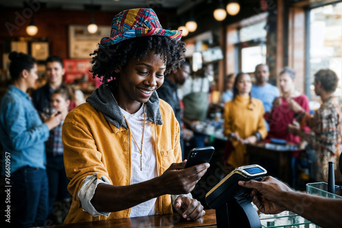 An African American woman enjoys the convenience of mobile payment technology while engaging socially at a local cafe.