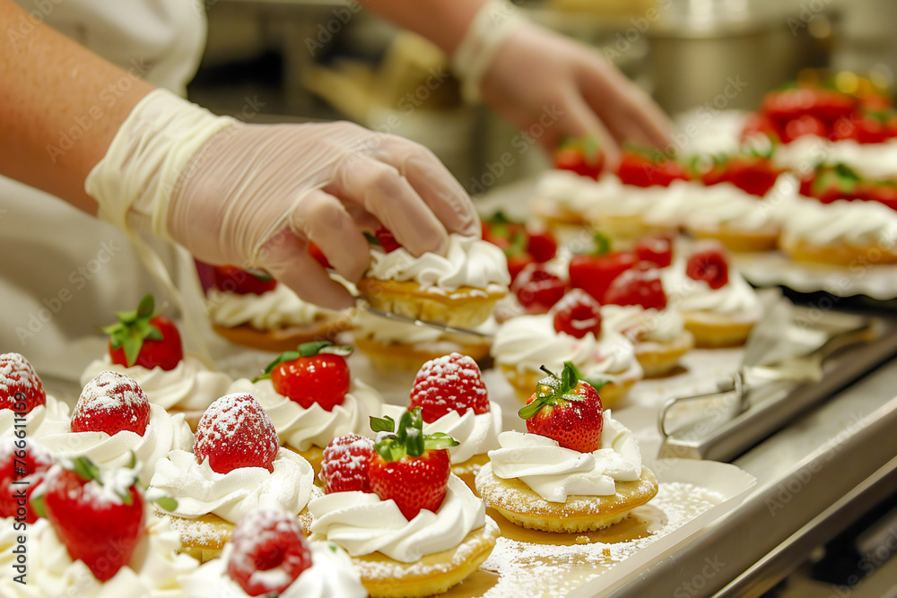 Pastry chef is completing a dessert in a hotel or restaurant kitchen. Pastry chef is completing a dessert in a hotel or restaurant kitchen.