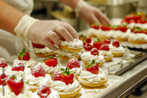 Pastry chef is completing a dessert in a hotel or restaurant kitchen.