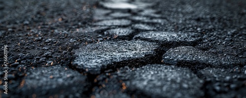 Detailed close-up of asphalt machine tracks on a road construction site