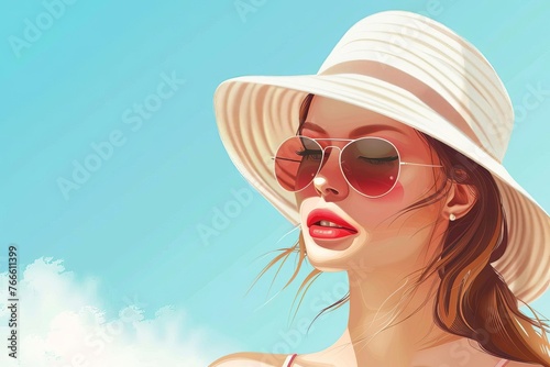 Beautiful young woman in hat and sunglasses, blue sky background, summer fashion illustration