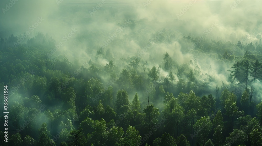 Smoke rising from a dense forest signaling a forest fire - obrazy, fototapety, plakaty 