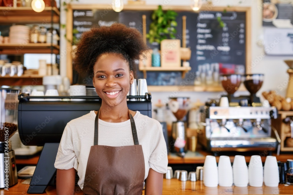 young smiling African American female barista standing in her cafe, business concept young smiling African American female barista standing in her cafe, business concept