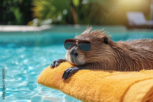 beaver wearing sunglasses on a towel near a swimming pool
