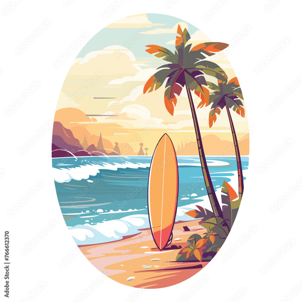 Beautiful marine landscape with colored surfboard -