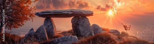 Ancient dolmen at sunset, mystical past, stone monument