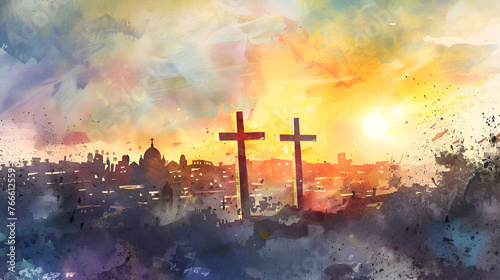 Easter, Golgotha, place of Skull, Jesus christ implar at sunset over the city. Crucifixion 