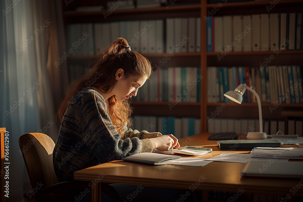 Young woman studying at a desk with a lamp in a cozy room.