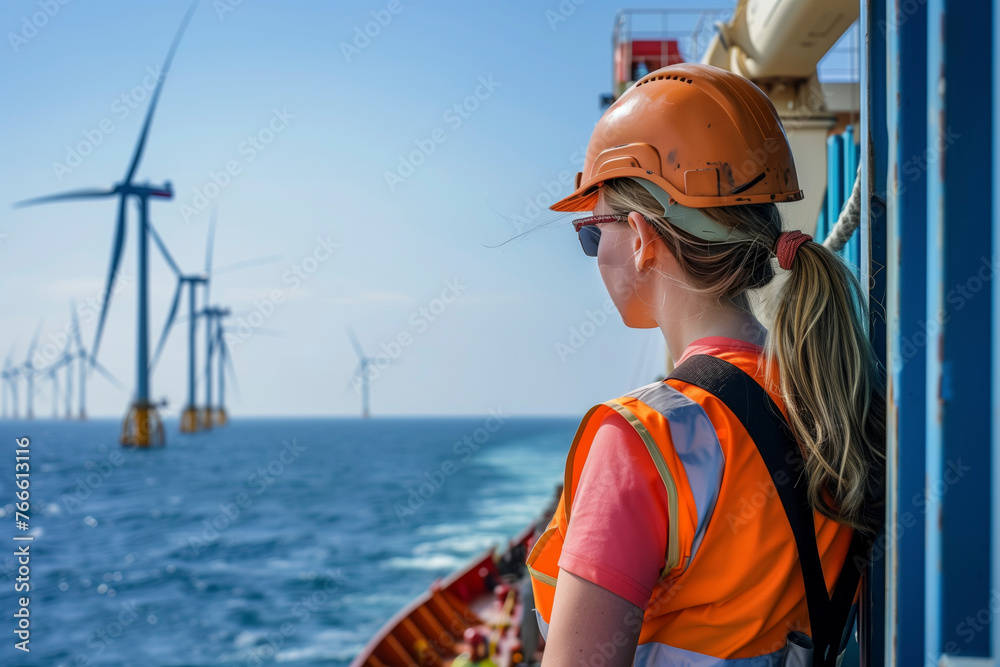Engineer observing offshore wind turbines from a platform Engineer observing offshore wind turbines from a platform