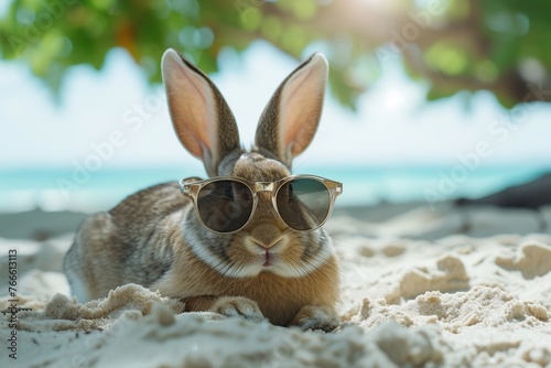 Cute little rabbit with sunglasses relaxing on the beach, concept of summer holidays. © Obsidian