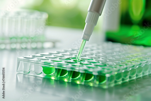 Automated pipette dispensing green liquid into well plate.
