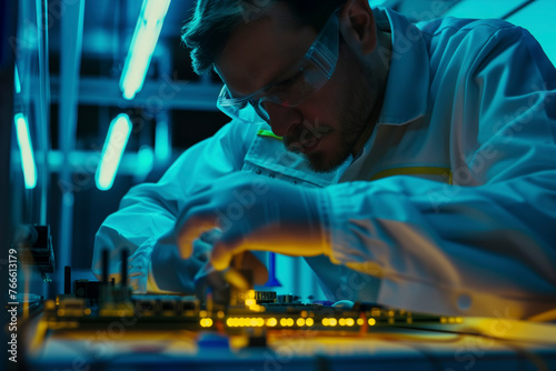 Scientist working on electronics in a blue-lit lab