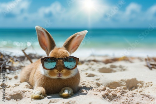 Cute rabbit with sunglasses relaxing on the beach, concept of summer holidays © Obsidian