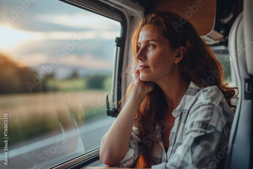 Woman gazing out of a car window at sunset.