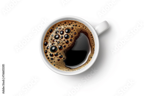 White coffee cup/mug with hot black coffee, isolated design element, top view/flat lay