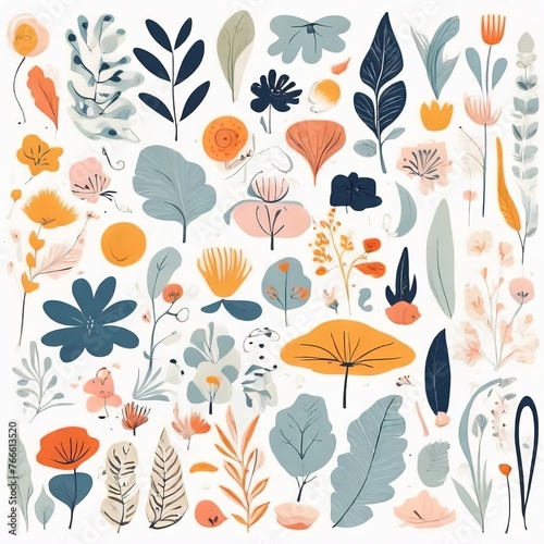 A collection of seamless pattern, colorful abstract plants and flowers. Hand drawn Collection of leaves and flowers. A close up of a pattern of flowers and leaves. 