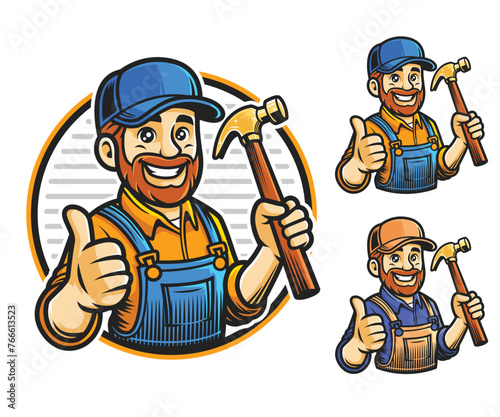 Mascot design of a handyman cartoon character holding a hammer and doing a thumb up,