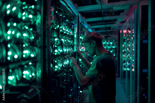 Technician inspecting server racks in a data center.