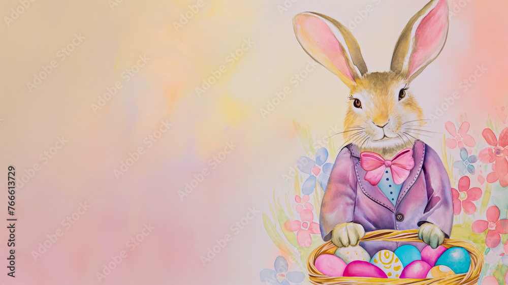 Obraz premium Watercolor drawing with an adorable Easter bunny with a basket of Easter eggs in pastel colors on a soft pink background idea for a postcard