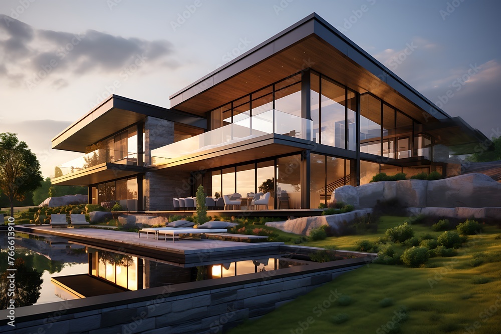 3d rendering of modern cozy house with pool and parking for sale or rent in luxurious style. Sunset in background.