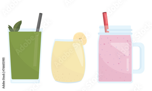 Homemade smoothies illustration. Group of different healthy drinks including green juice, banana smoothie and berry smoothie. Flat vector graphic style isolated on white background. 