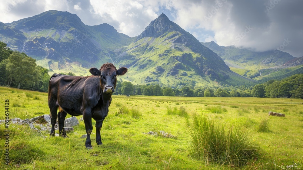 Cow Standing in Field With Mountains