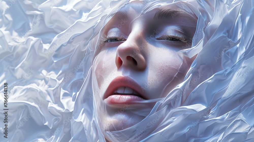 A surreal portrayal of a woman's face partially obscured by flowing white fabric, set against a stark white background.