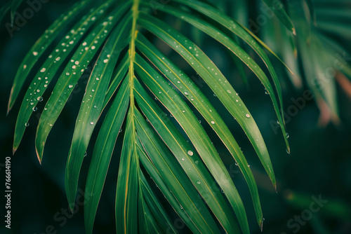 Dewdrops on the vibrant leaves of a palm.