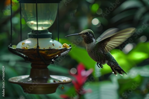 A calibri bird flies to a feeder in the tropics