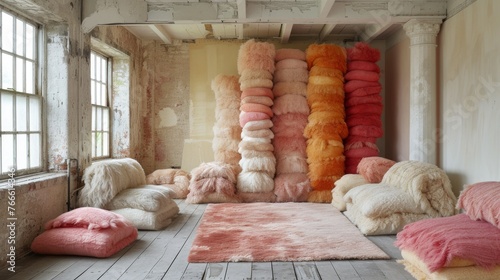A whimsical room filled with fluffy, soft pillows in pastel tones, providing a dreamy and playful atmosphere
