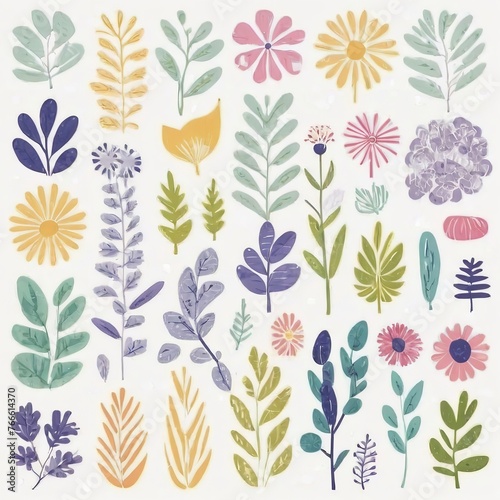 A collection of seamless pattern  colorful abstract plants and flowers. Hand drawn Collection of leaves and flowers. A close up of a pattern of flowers and leaves. 