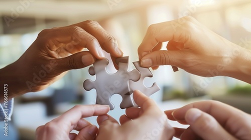 Strategic Unity: A group of hands, diverse in skin tone and attire, comes together to fit the final piece of a jigsaw puzzle against a backdrop of soft-focused office space.