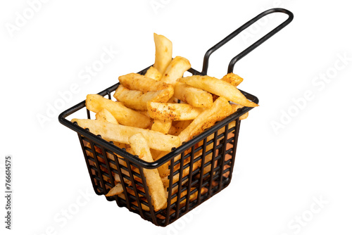 French fries isolated on white background. Spicy French fries on serving board. Close up