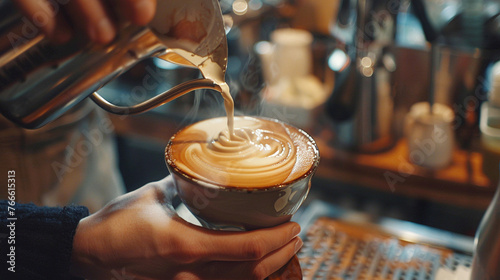 Close-up photo of the hands of barista making coffee and drawing on it. Cozy morning with a cup of coffee