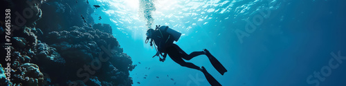 A person diving into the water near a vibrant coral reef, exploring the underwater world