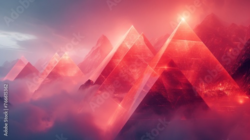 A dreamy landscape of glowing red pyramidal peaks, shrouded in mist, evoking a sense of mystery and otherworldly beauty photo