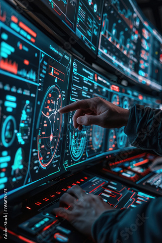 A person is seen adjusting settings on a futuristic control panel with glowing screens and dials