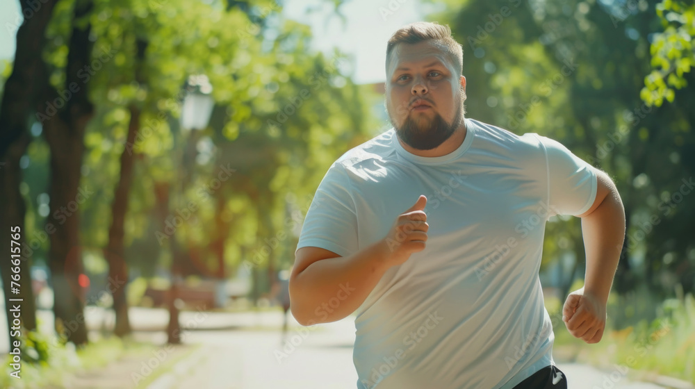 Overweight man in sports attire jogging on a path in a park, surrounded by lush green trees under a clear sky Overweight man in sports attire jogging on a path in a park, surrounded by lush green trees under a clear sky