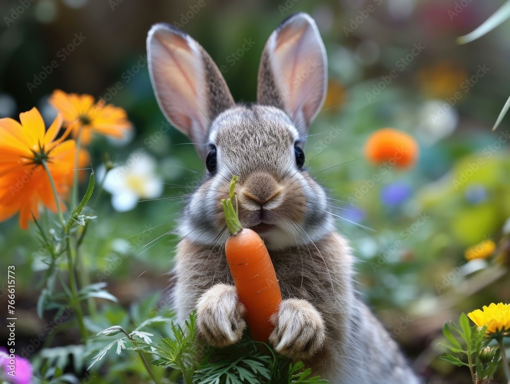 A rabbit is sitting in a field of flowers holding up a carrot. Generative AI.