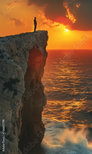 A man standing on a cliff overlooking the ocean at sunset. Generative AI.
