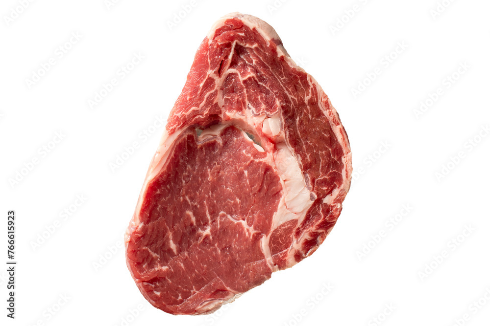 Raw beef ribeye meat. Butcher products. Fresh beef ribeye meat isolated on white background.  Close up