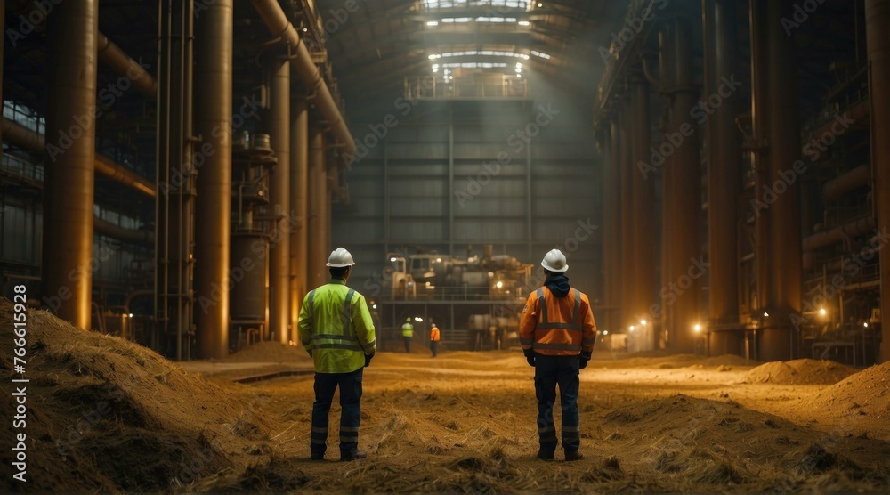 Two men in hard hats standing next to each other inside a building. Generative AI. Two men in hard hats standing next to each other inside a building. Generative AI.