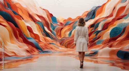 A woman walking through a colorful landscape with mountains. Generative AI.